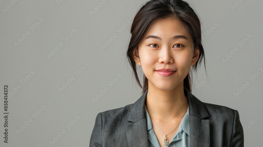 A focused Asian businesswoman proudly presenting a keychain, against a simple background perfect for personalized messages A focused Asian businesswoman proudly presenting a keychain, against a simple background perfect for personalized messages