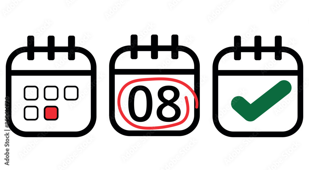 Simple calendar icon with hollow black outline on transparent background. Calendar icon with specific day, day 08. Simple calendar icon with hollow black outline on transparent background. Calendar icon with specific day, day 08.
