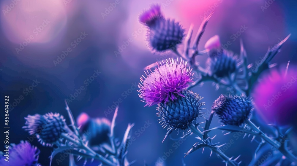 Close up photo of blooming thistle flowers Close up photo of blooming thistle flowers