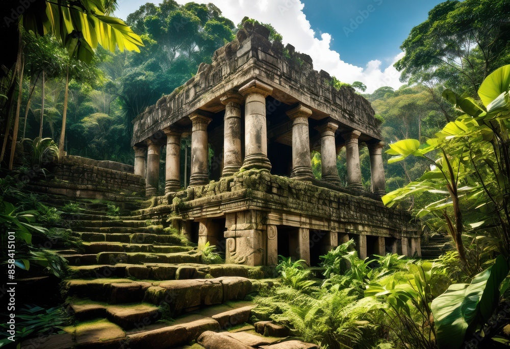 majestic ancient ruins amidst lush dense jungle canopy, historical, archaeological, site, overgrown, vegetation, mysterious, abandoned, temple, aged, stone, majestic ancient ruins amidst lush dense jungle canopy, historical, archaeological, site, overgrown, vegetation, mysterious, abandoned, temple, aged, stone,