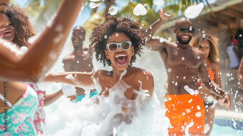Young people in foam. A foam party. A group of young girls and boys having fun and dancing at a foam party