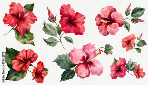 Fototapeta Naklejka Na Ścianę i Meble -  A set of watercolor flowers with red petals by AI generated image