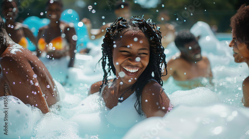Young people in foam. A foam party. A group of young girls and boys having fun and dancing at a foam party