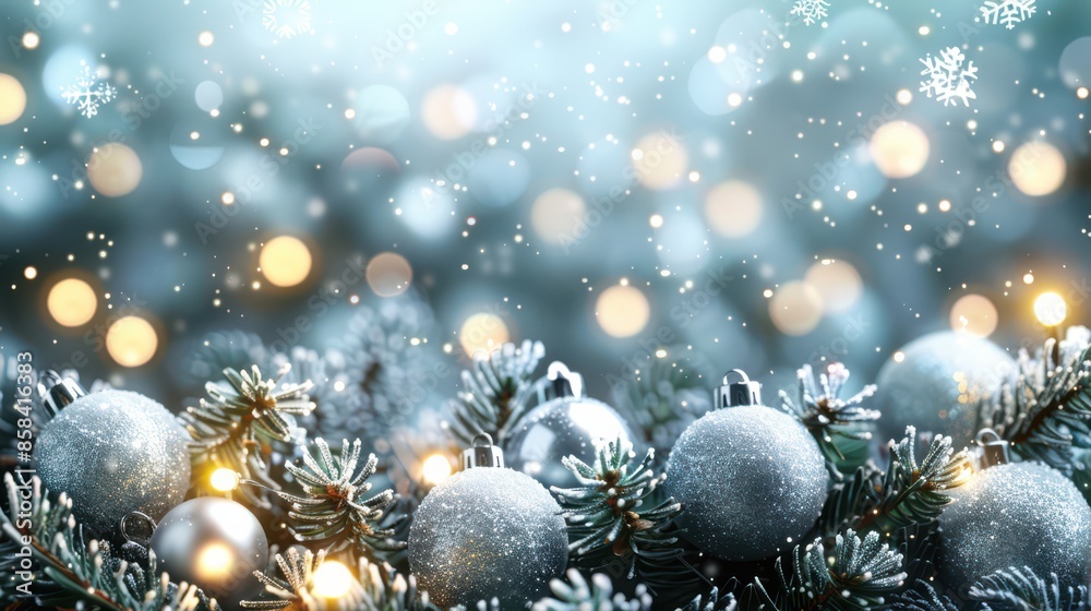A Christmas tree with many ornaments and snow falling on it