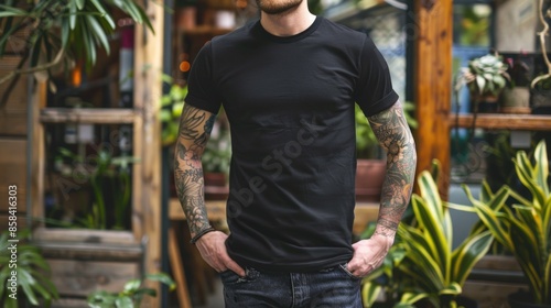 A man with tattoos on his arms stands in front of a green plant. Generate AI image © Ashalina