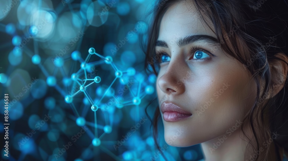 A close-up image of a woman with long dark hair, looking upwards, with bright blue eyes, and soft lips, with a blurred background A close-up image of a woman with long dark hair, looking upwards, with bright blue eyes, and soft lips, with a blurred background
