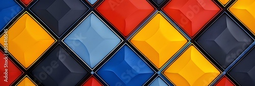 A captivating geometric pattern of interlocking diamond shapes in bold primary colors