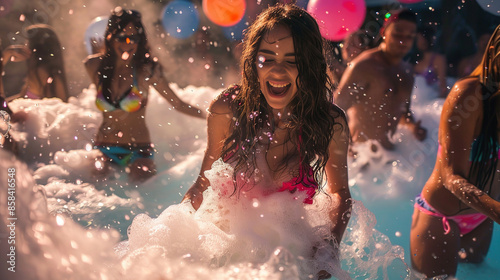 Young people in foam. A foam party. A group of young girls and boys having fun and dancing at a foam party