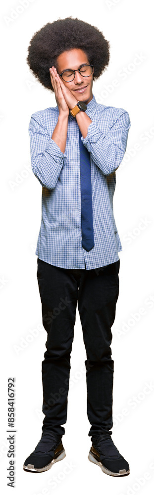 Young african american business man with afro hair wearing glasses sleeping tired dreaming and posing with hands together while smiling with closed eyes. Young african american business man with afro hair wearing glasses sleeping tired dreaming and posing with hands together while smiling with closed eyes.