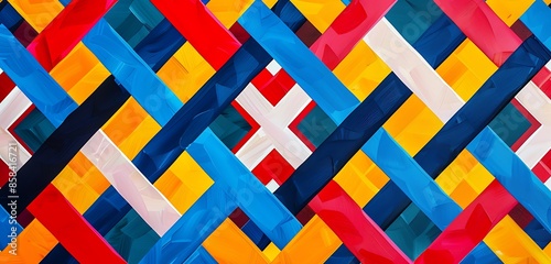 A captivating geometric pattern of interlocking diamond shapes in bold primary colors