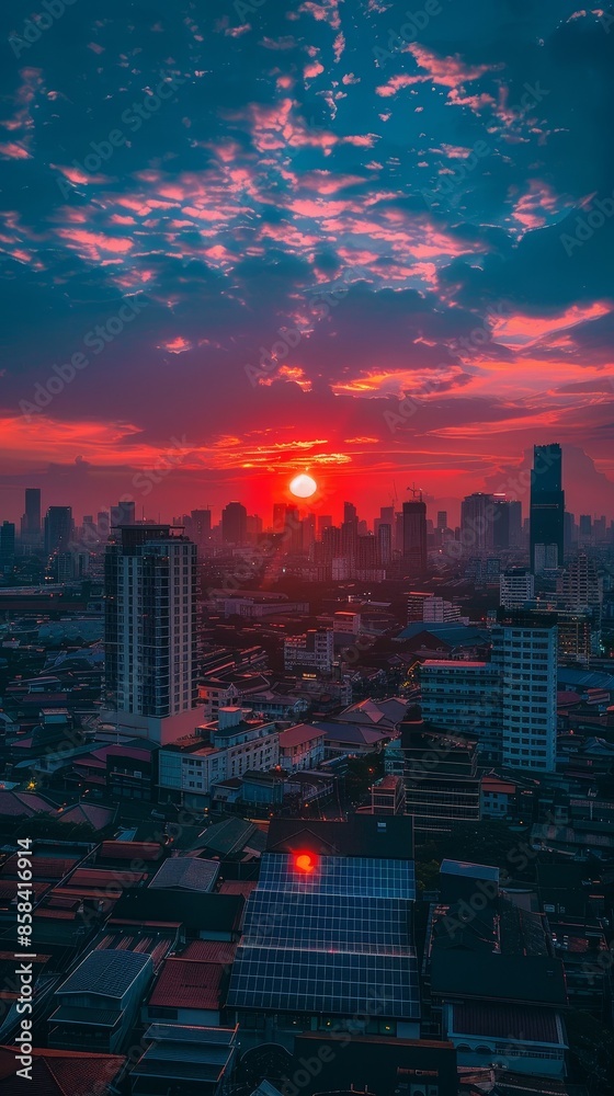 Fototapeta premium Golden Hour in Bangkok: Solar Panels Harnessing Sunset's Glow on Urban Rooftops