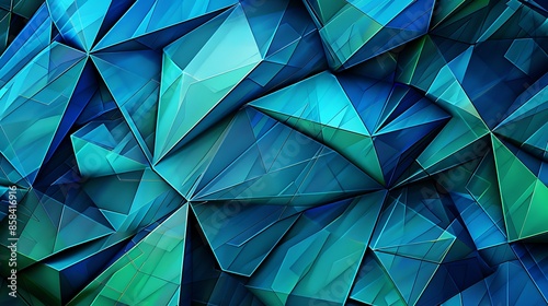 A complex geometric design of overlapping triangles in vibrant blues and greens