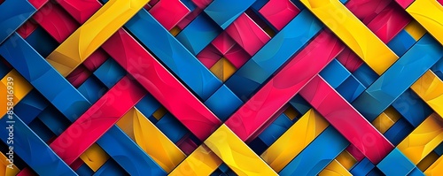 A complex geometric pattern of interwoven squares in bold primary colors
