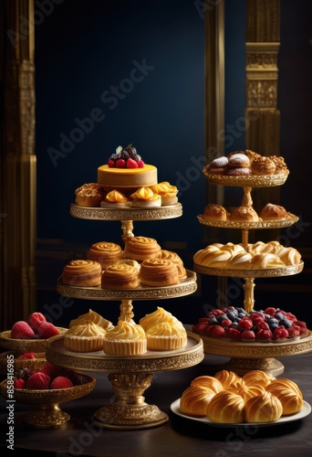 assorted pastries displayed elegant tiered stand bakery presentation, showcase, assortment, sweets, cakes, desserts, confections, selection, patisserie, baked