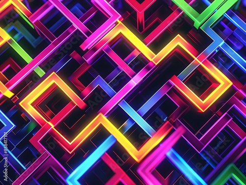 A detailed geometric design of interwoven squares in vibrant neon colors