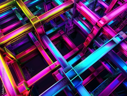 A detailed geometric design of interwoven squares in vibrant neon colors