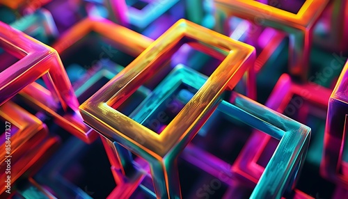 A detailed geometric design of interwoven squares in vibrant neon colors