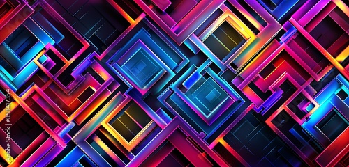 A detailed geometric design of interwoven squares in vibrant neon colors