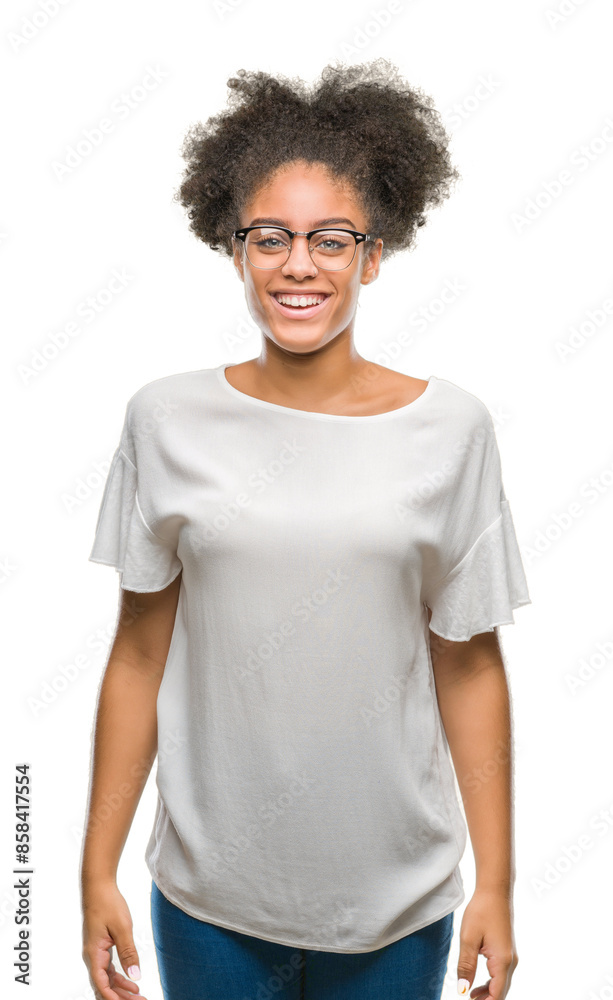 Young afro american woman wearing glasses over isolated background with a happy and cool smile on face. Lucky person. Young afro american woman wearing glasses over isolated background with a happy and cool smile on face. Lucky person.