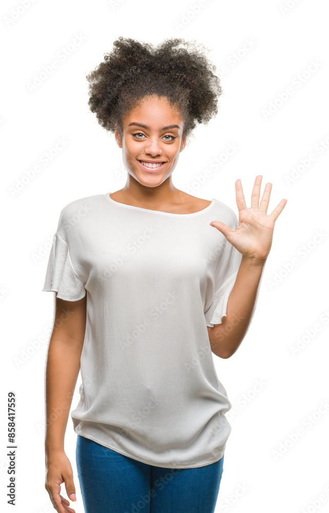 Young afro american woman over isolated background showing and pointing up with fingers number five while smiling confident and happy. Young afro american woman over isolated background showing and pointing up with fingers number five while smiling confident and happy.