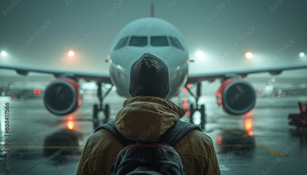 In a moody night scene, a man with a backpack stares intently at a stationary airplane from the terminal In a moody night scene, a man with a backpack stares intently at a stationary airplane from the terminal
