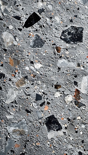 Epoxy coated decorative quartz sand surface with grey, black, and white particles. Copy space