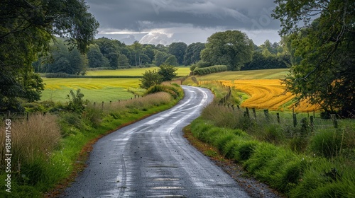 Quiet country road with rice fields on either side