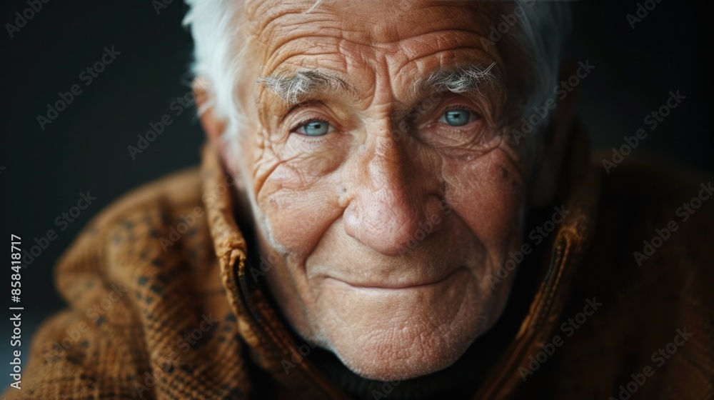 A quiet, blind old man with deep wrinkles smile gently A quiet, blind old man with deep wrinkles smile gently