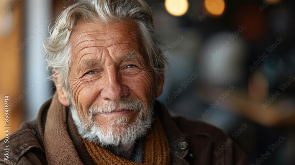 A quiet, blind old man with deep wrinkles smile gently A quiet, blind old man with deep wrinkles smile gently
