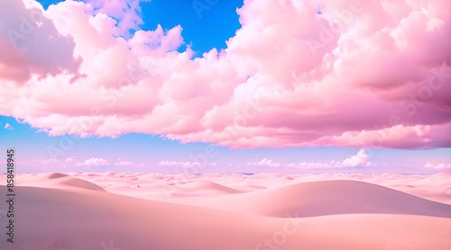 Abstract background of white clouds floating in the blue sky above the pink sand dunes and calm water Surreal fantastic landscape with metallic arch in the middle of desert 3d slow motion animati photo