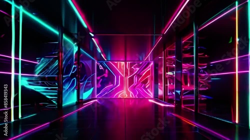 Mirror room with neon light. Abstract festive bg with bright reflection. vj loop neon room. seamless looped background with neon light. Night club bright neon style bg. Dark room disco lights photo