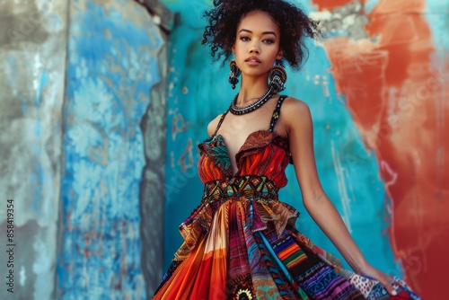 A Woman in a Multicolored Dress Stands Against a Colorful Wall
