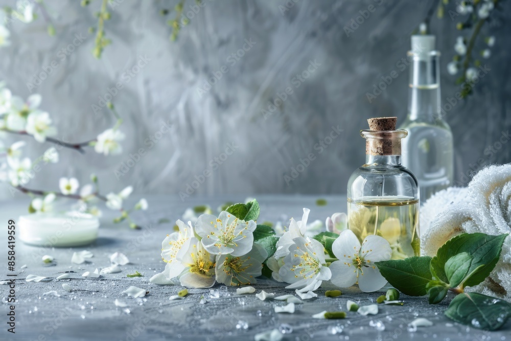 Aroma Spa Composition on Grey Table with Luxurious Aromatic Oils Aroma Spa Composition on Grey Table with Luxurious Aromatic Oils