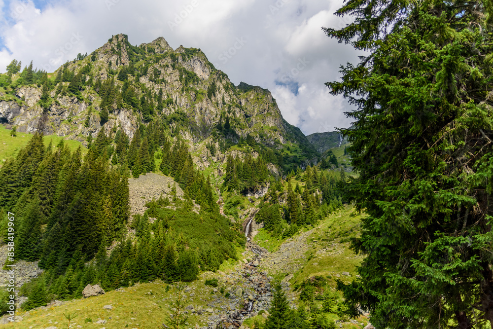 Fototapeta premium Stunning landscape view of a mountainous terrain near Valea Rea, Fagaras, Romania