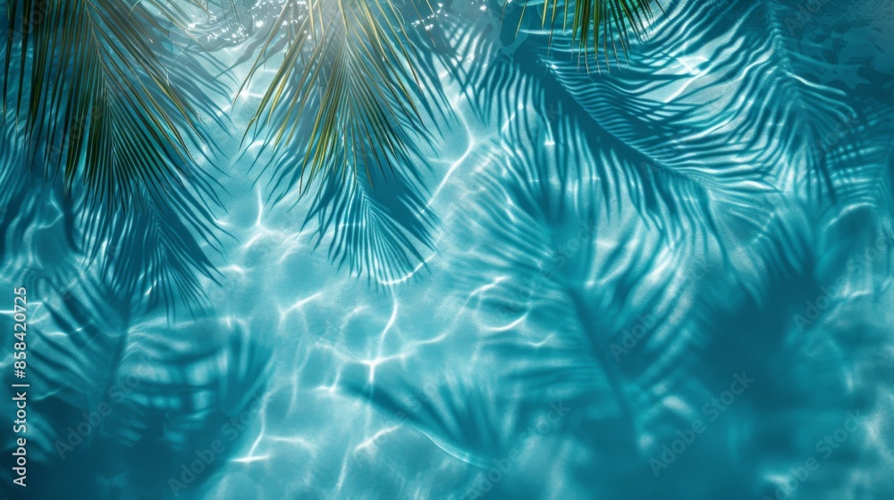 Sunlit tropical leaf shadows on blue water with ripples Sunlit tropical leaf shadows on blue water with ripples