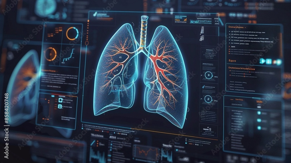 The pair of lungs, realistic 3D rendering, digital background concept, neon dots texture with glowing defocused particles. Futuristic tech with UI infographics, data, text, and details. The pair of lungs, realistic 3D rendering, digital background concept, neon dots texture with glowing defocused particles. Futuristic tech with UI infographics, data, text, and details.
