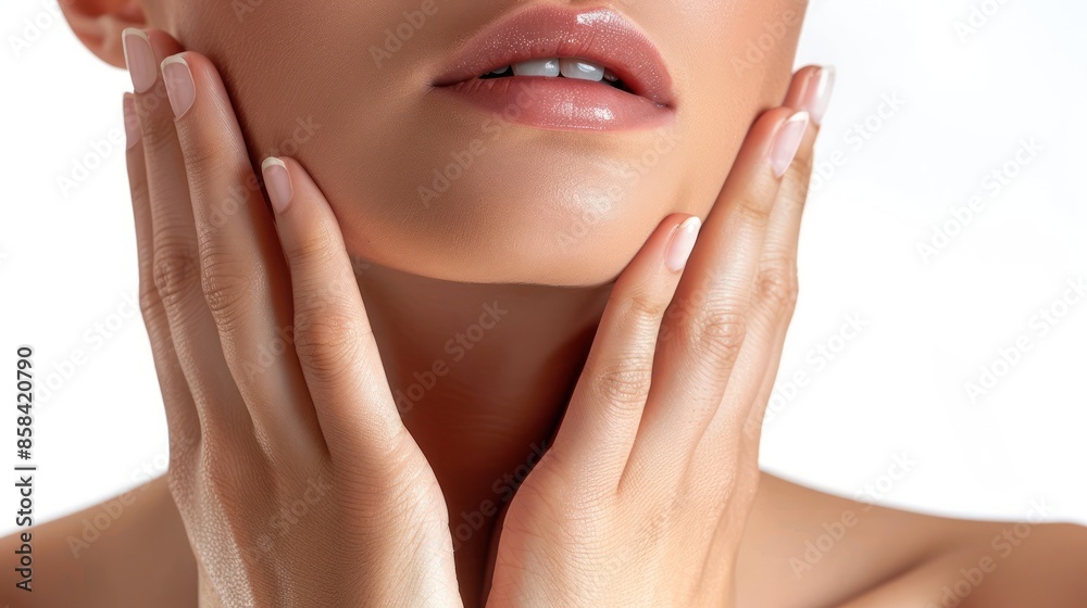 Close-up of a woman's face featuring smooth skin and delicate hands touching the jawline, highlighting skincare and beauty. Close-up of a woman's face featuring smooth skin and delicate hands touching the jawline, highlighting skincare and beauty.