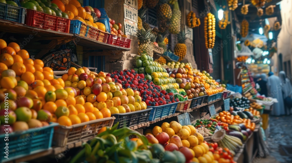 A vibrant market full of fresh fruits and vegetables. A vibrant market full of fresh fruits and vegetables.