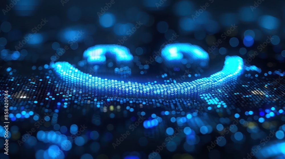 Fototapeta premium Digital smiley face composed of blue pixels and dots, symbolizing technology and digital art in a futuristic setting.