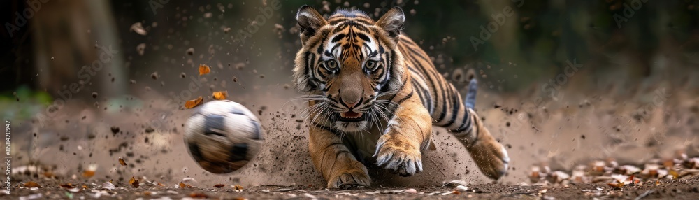 Fototapeta premium Energetic tiger cub pouncing on a soccer ball, capturing the essence of playfulness and wildlife vigor in a swift motion.