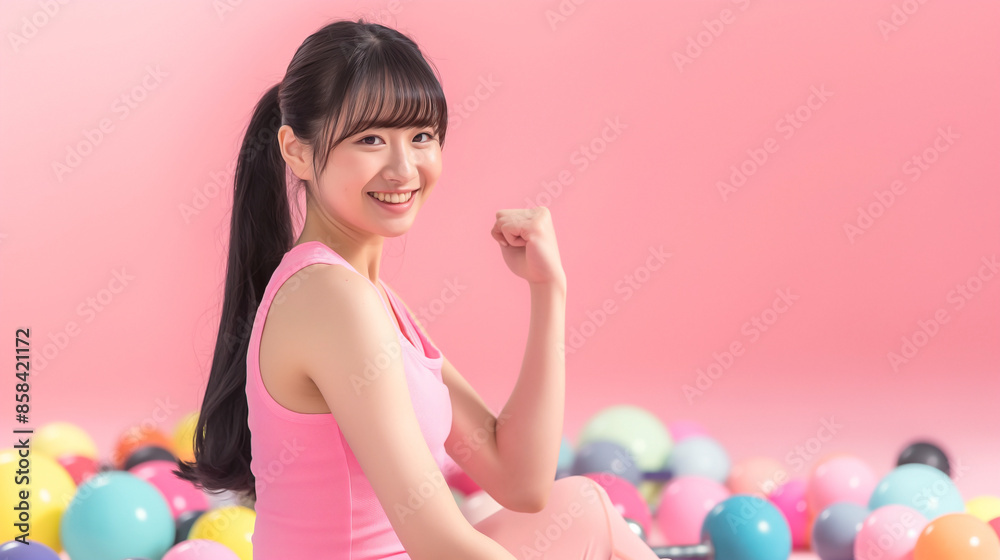 young Asian woman in a Pink Tank top sport wear sitting and flexing her muscle on a floor surrounding by a pile of colorful and various size dumbbell young Asian woman in a Pink Tank top sport wear sitting and flexing her muscle on a floor surrounding by a pile of colorful and various size dumbbell