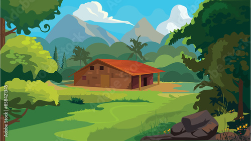 Indian Village Background Illustration, village surrounded by trees and mountains