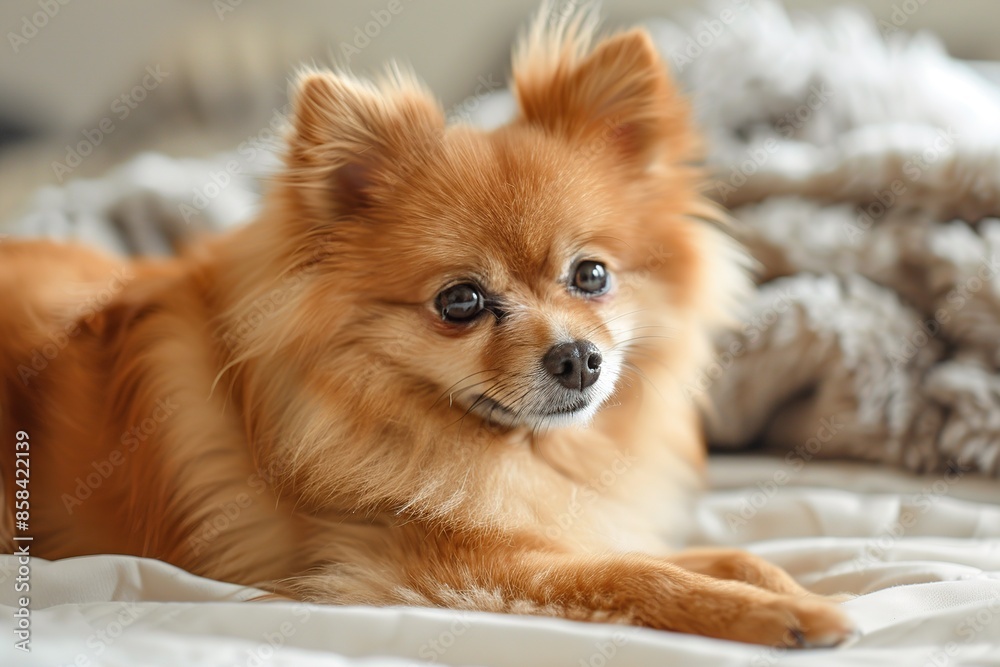 Pomeranian spitz lying on dog bed at home Pomeranian spitz lying on dog bed at home