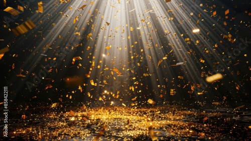 Golden confetti raining on stage with spotlights