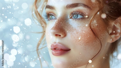 A young woman with freckles, wearing minimal makeup, stares up at the sky in a dreamy gaze. Softly falling snow or sparkling light creates a warm, ethereal effect on her face.