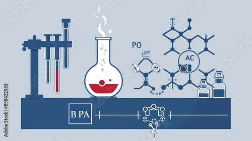 Chemical synthesis process for BPA production  key stages and reagents illustrated schematically, chemical compound harmful healthy risk, banner photo