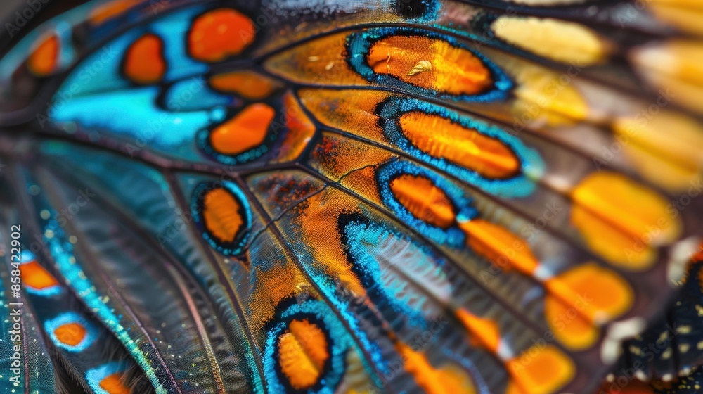 Close-up of a butterfly wing with intricate patterns and vivid colors Close-up of a butterfly wing with intricate patterns and vivid colors