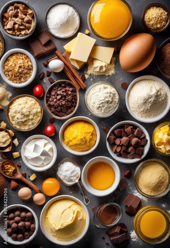 assorted baking ingredients arranged parchment paper recipe, flour, sugar, eggs, butter, milk, vanilla, salt, chocolate, cocoa, nuts, spices, preparation assorted baking ingredients arranged parchment paper recipe, flour, sugar, eggs, butter, milk, vanilla, salt, chocolate, cocoa, nuts, spices, preparation