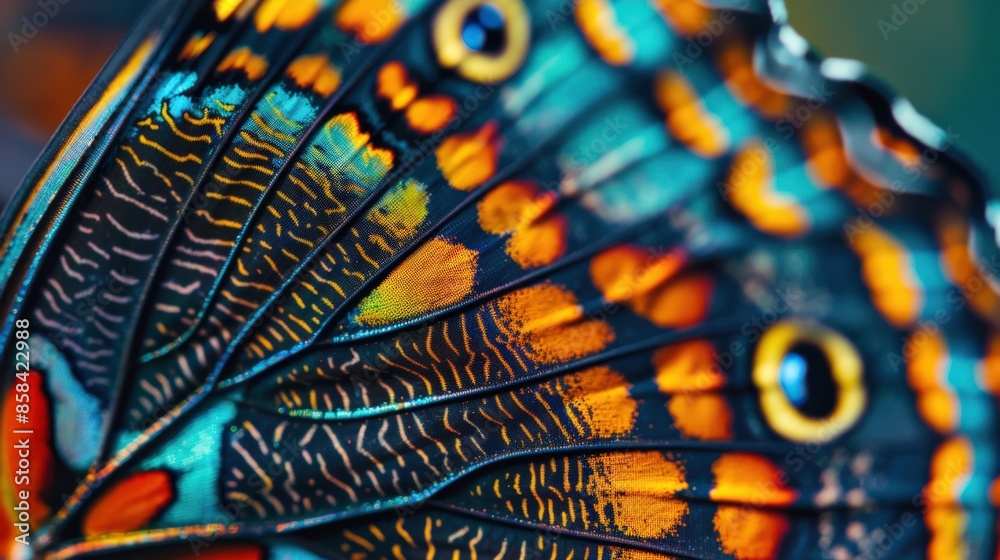 Close-up of a butterfly wing with intricate patterns and vivid colors Close-up of a butterfly wing with intricate patterns and vivid colors