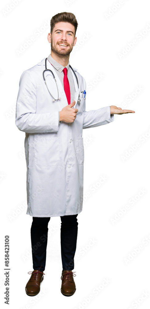 Young handsome doctor man wearing medical coat Showing palm hand and doing ok gesture with thumbs up, smiling happy and cheerful Young handsome doctor man wearing medical coat Showing palm hand and doing ok gesture with thumbs up, smiling happy and cheerful